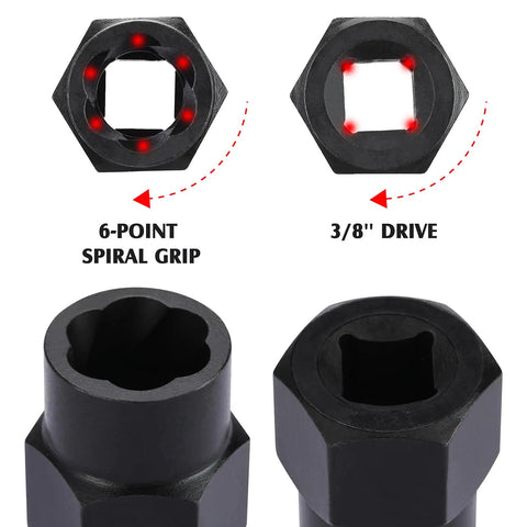 Close-up of 13 Piece Impact Bolt And Nut Remover Set with hex adapters showing 6-point spiral grip and 3/8 inch drive features.