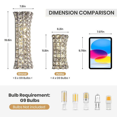 Crystal Wall Sconces Modern Chrome Luxury Indoor Lighting size comparison with dimensions, elegant H curve design