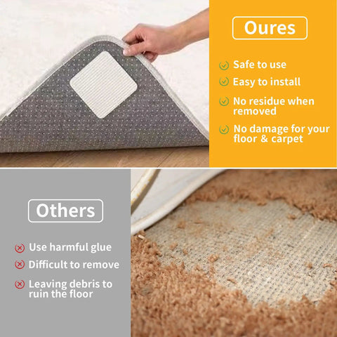 Comparison of Four Pack Washable Non Slip Rug Tape Pads to harmful glue under carpet
