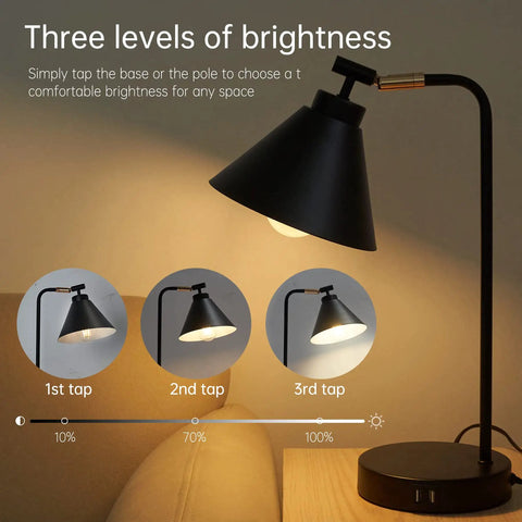 Sleek Black Dimmable Nightstand Lamp With USB Ports And AC Outlet demonstrating three brightness levels on a bedside table.