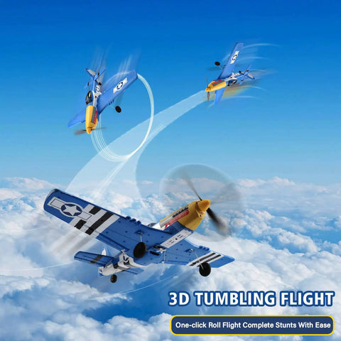 P51D Mustang RC Plane 4 Channel Fighter With 6 Axis Gyro Stabilization performing aerobatics in a clear sky