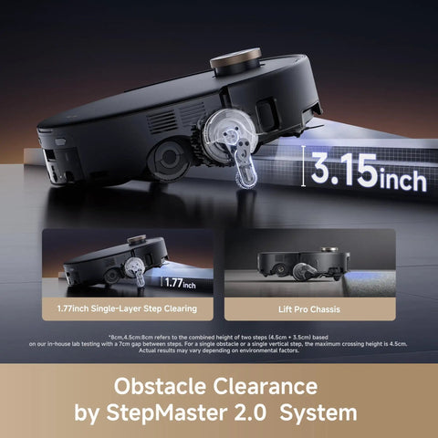 Z60 Ultra Roller Robot Vacuum And Mop with StepMaster 2.0 showing obstacle clearance of 3.15 inches and 1.77 inches step clearing.
