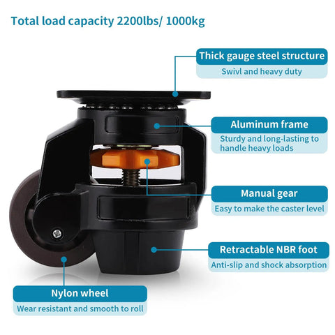 Heavy Duty Leveling Casters Set For Industrial Machinery And Workbenches Retractable Plate Wheels shown from side with a thick steel structure.