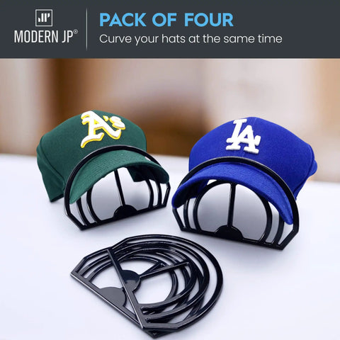 Hat Brim Bender Kit 4 Pack With Dual Curve Slots And Steaming Option tools shown with caps for brim reshaping