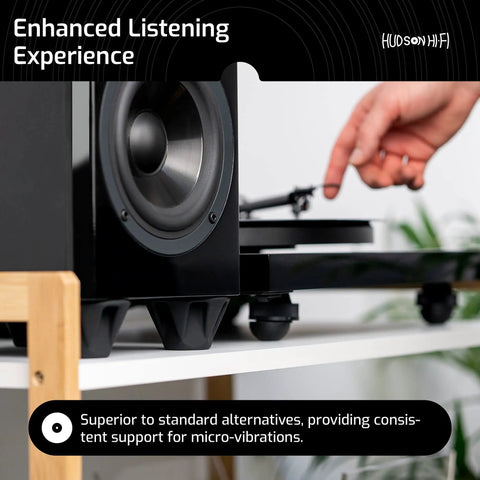 Speaker Isolation Feet 8 Pack 1.5 Inch Rubber Pads Non-Adhesive Anti-Vibration Bumpers supporting a speaker and turntable