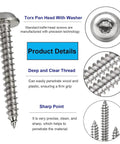 M4x8Mm 304 Stainless Steel Torx Pan Head With Washer Self Tapping Screws Pack Of 50 showing deep threads and sharp point for wood, plastic use.