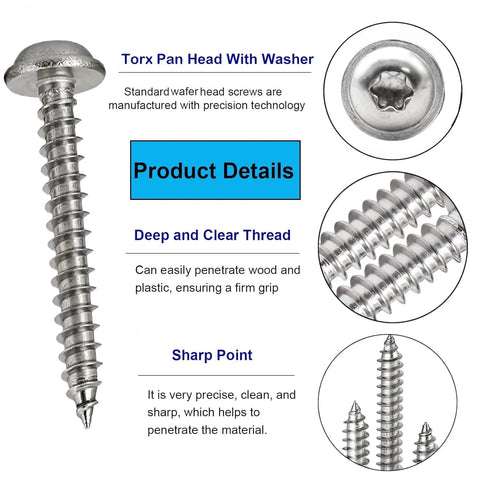 M4x8Mm 304 Stainless Steel Torx Pan Head With Washer Self Tapping Screws Pack Of 50 showing deep threads and sharp point for wood, plastic use.