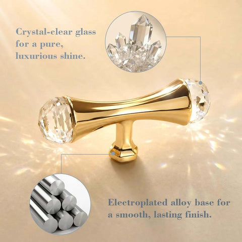 Gold Crystal Drawer Knobs Set Of Four With Jewelry Sparkle, Zinc Alloy Hourglass Cabinet Knobs With Faceted Crystal Ends