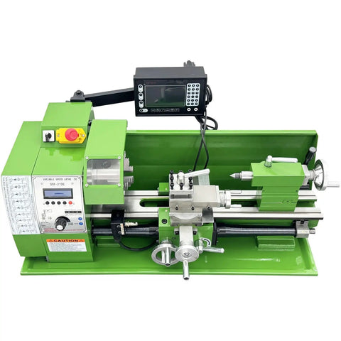 Heavy Duty 8X16 Benchtop Metal Lathe With 1100W Motor Slick Variable Speed 50 To 2500Rpm Digital Readout with green housing.