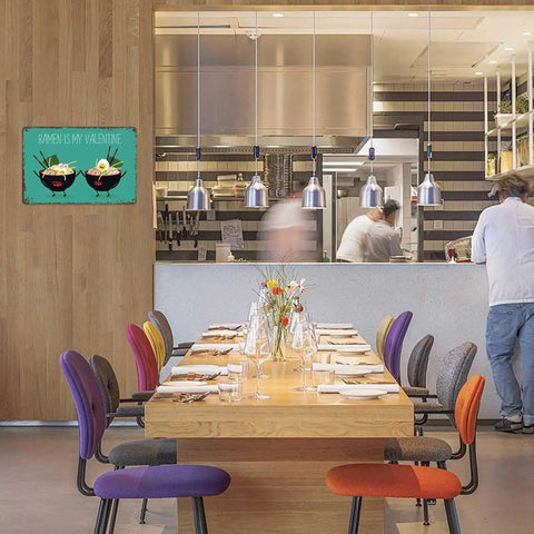 Ramen Is My Valentine Metal Sign 8x12 Inch Tin Wall Decor displayed in modern restaurant setting.