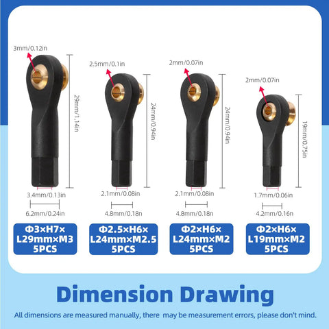 Dimension drawing of Beefy 20 Pieces M2 M2.5 M3 Ball Head Tie Rod Ends Set For RC Crawler Cars Lever Steering Linkage Ball Joint Ends 4 Sizes