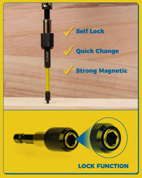 16 Piece Countersink Drill Bit Set With Adjustable Depth Tapered Bits And 4 Wood Plug Cutters 1/4 Inch Hex Shank in use, showcasing lock function