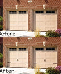 Before and after image showing Decorative Rustic Carriage House Hardware Set With Black Steel Hinges And Handles For Barn Doors And Gates.