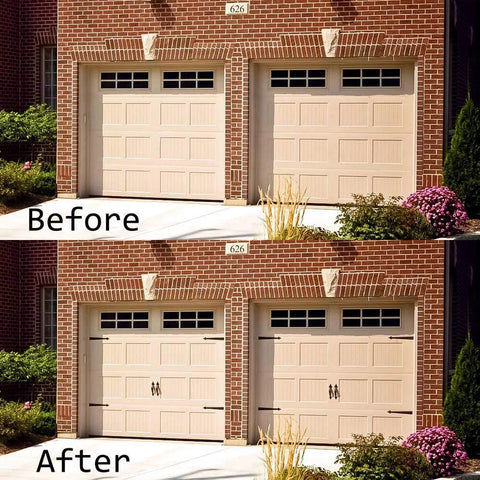 Before and after image showing Decorative Rustic Carriage House Hardware Set With Black Steel Hinges And Handles For Barn Doors And Gates.