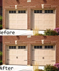 Before and after of two beige garage doors with Decorative Rustic Metal Garage Door Hardware Kit With Screw In Carriage House Hinges Dummy Hinges And Handles In Black Matte Steel For Barn Doors Gates And Shutters Designed To Outfit Two Car Garages.
