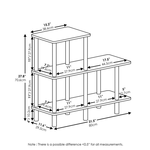 Dimensions of Three Tier Ladder Shelf Cube Bookcase For Bedroom Living Room Or Home Office Slick French Oak Grey With Black Tubes.