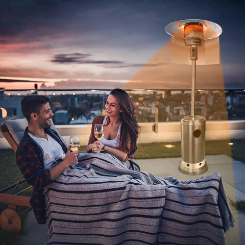 Couple on patio warmed by Three Panel Patio Heater Reflector Shield For Outdoor Heaters, Large Heat Deflector That Extends Range