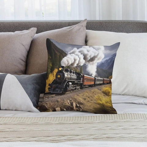 Comfy Steam Locomotive Train Throw Pillow Cover Plush Boho Farmhouse Cushion Case 18x18 Inch Square Pillow For Couch Sofa Bed Living Room Decor And Comfy Accent on gray sofa with steam train design