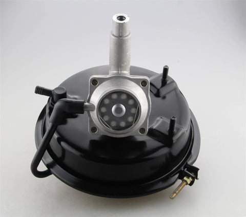Universal brake booster hydraulic disc/drum fitting kit; black round booster with mounting flange and hoses