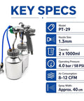 Heavy Duty Dual Head Paint Spray Gun With High Pressure Feed, Massive Two Liter Tank, Precision 1.3 Mm Nozzle, Handheld Airbrush Sprayer shown with specifications.