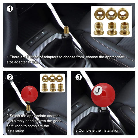 Installation steps for Billiard Style Shift Knob For Cars Trucks And SUVs Red No 3 Round Ball Gear Shifter Knob For Automatic And Manual Transmission Easy Grip And Cool Interior Accessory.