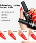 All In One Gel Nail Prep Kit With Nail Dehydrator Bonding Primer Gel Base Coat And Top Coat Vegan Cruelty Free Hema Free Shine Finish
Long Lasting Gel Polish Starter Set For Pros And Home Manis with red nails illustrating 28-day shine