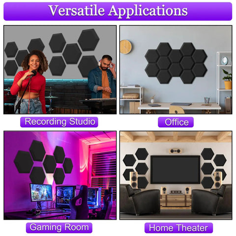 Dense Sound Absorbing Hexagon Foam Panels Pack Of 24 Thick Acoustic Wall Tiles in various room settings.