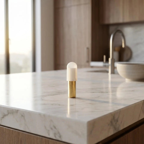 Hidden Quarter Inch Shelf Pins With Rubber Covers For Brass Metal Shelf Supports placed on a marble countertop