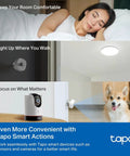 Woman sleeping with Smart IR And IoT Hub With Chime; smart lights illuminate hallway, camera monitors room for smarter home automation.