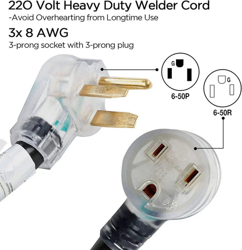 Heavy Duty 25 Foot 220V Welder Extension Cord 8 Gauge NEMA 6 50 Welding Lead With Lighted End For MIG TIG Machines plug details