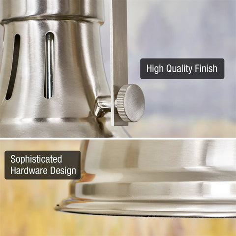 Close-up of 14 Inch Modern Industrial Pendant Light with dome shade in brushed nickel finish, showing high-quality finish and hardware design.