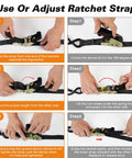 Instructions to use and adjust a ratchet strap with hands demonstrating each step.