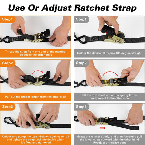 Instructions to use and adjust a ratchet strap with hands demonstrating each step.