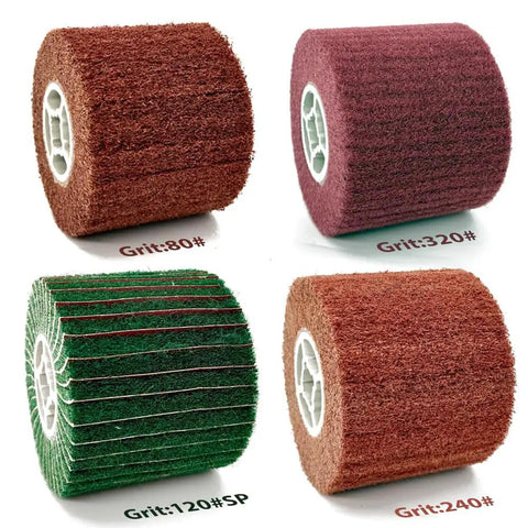 Four abrasive burnishing drum wheels with grits 80, 120, 240, 320 for metal rust and paint removal, 4.7 x 4 inch tool.