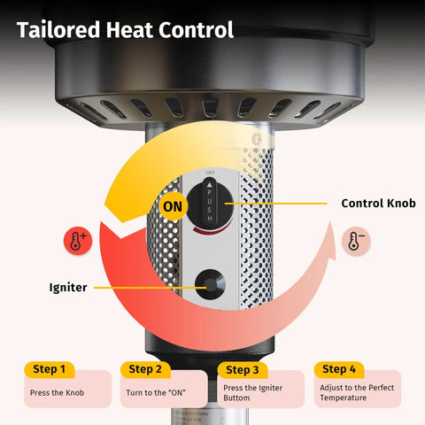Close-up of control knob on 50,000 BTU Outdoor Patio Heater With Round Table Design, showing igniter and heat settings.