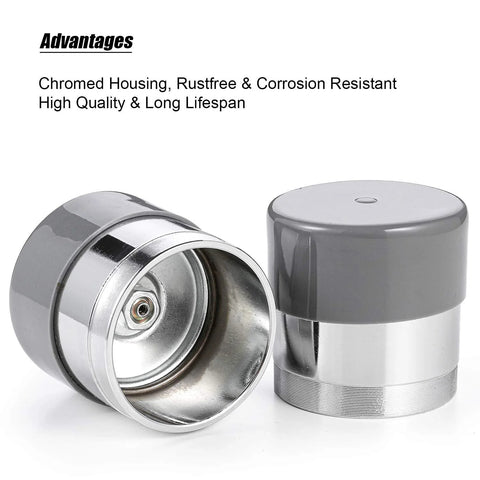 Front and side view of CZC Auto chrome bearing protectors with protective bras, 1.98 inch, pair