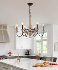 French Country Farmhouse Chandelier Pendant Light Fixture in kitchen with wood and iron finish, 6 S shaped arms, UL listed