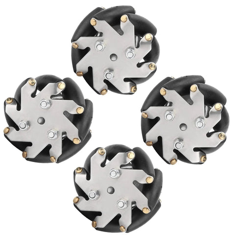 Durable 48mm steel Mecanum wheels for robot car, set of 4 with omnidirectional movement, 3kg load capacity, TPR rollers, for DIY bots.