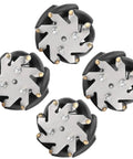 Four 48mm steel Mecanum wheels with black tires and star-shaped silver hubs for omni-directional robot movement.