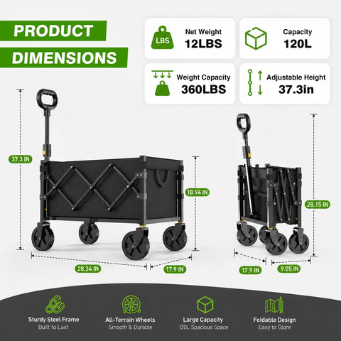Collapsible Wagon Cart With Wheels Foldable 360 Lb Capacity Portable Heavy Duty Utility Wagon for Shopping Camping Beach Garden