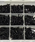 380 Pieces Black Self Tapping Screws Set In Carbon Steel With Flat Head in storage case, assorted lengths and corrosion resistant.
