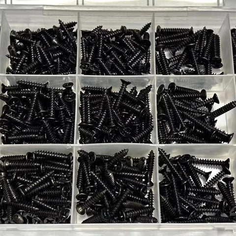 380 Pieces Black Self Tapping Screws Set In Carbon Steel With Flat Head in storage case, assorted lengths and corrosion resistant.