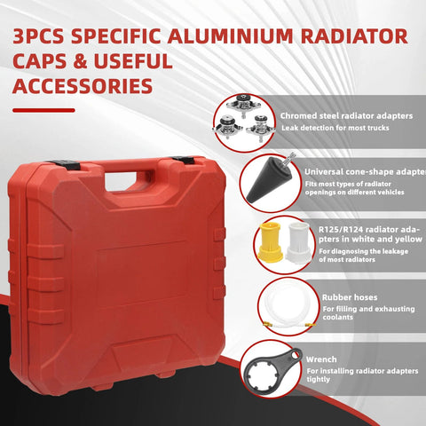 Front view of red plastic case for HZAUTOS coolant vacuum refill kit with 23 radiator adapters and hoses