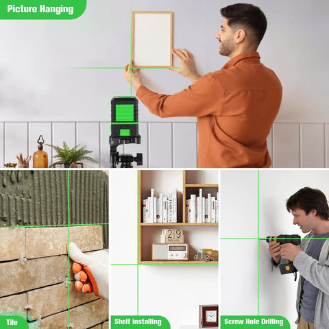 Laser Level With Tripod And Rotary Green Cross Line 100 Ft Self Leveling Laser Tool For Indoor Outdoor Construction And For DIYers 110 Degree Coverage For Precise Alignment And Fast Reliable Results. picture hanging with green cross line level