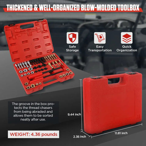 Thread Chaser Set 48 Piece Heavy Duty Pro Grade Thread Repair Tool Kit For UNC UNF And Metric Threads Including 24 Dies 22 Taps And 2 Thread Files With Detachable Cap Anti Rust Rethreading Kit in red toolbox.