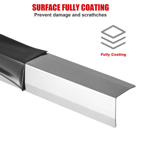 Close-up of Heavy Duty T304 Stainless Steel Wall Corner Guards, 2 X 2 Inch 48 Inch Long with black coating to prevent scratches.