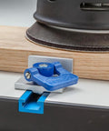 Inline T Track Stop For T-Track System With Low-Profile Knobs, Built Tough Durable Aluminum woodworking stop in use on table