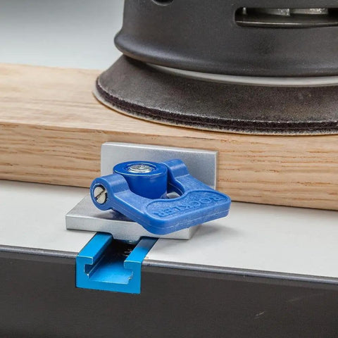 Inline T Track Stop For T-Track System With Low-Profile Knobs, Built Tough Durable Aluminum woodworking stop in use on table