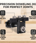 Heavy Duty 3 In 1 Self Centering Dowel Jig Kit For Shop Ready Woodworking Aluminum Drill Guide with 3-in-1 drill bits and secure clamping guide.