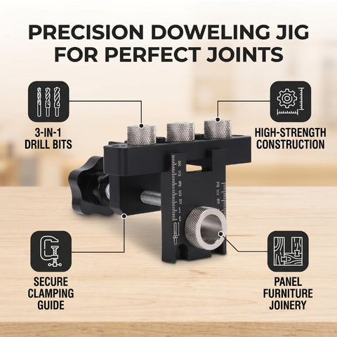 Heavy Duty 3 In 1 Self Centering Dowel Jig Kit For Shop Ready Woodworking Aluminum Drill Guide with 3-in-1 drill bits and secure clamping guide.